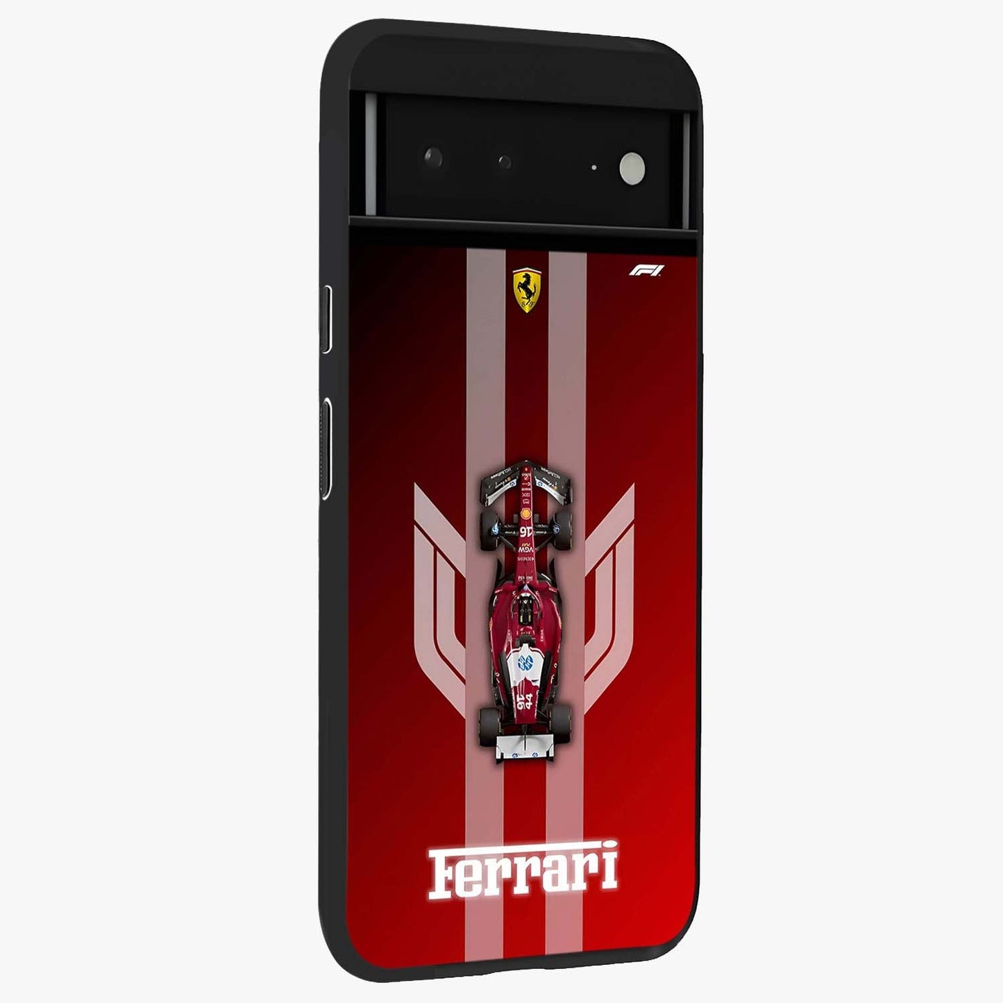 Red Ferrari F1 Vertical Glass Case upright view showcasing powerful Formula car artwork with dynamic motorsport theme.