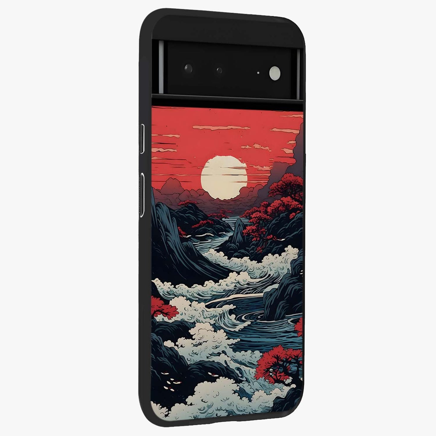 Red Sunset Scenery Glass Case upright view showcasing dramatic sunset scenery artwork with warm nature theme.