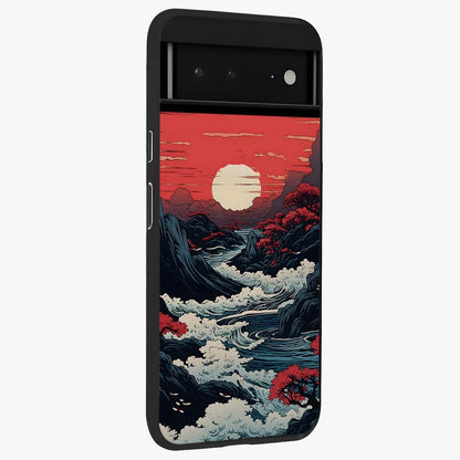 Red Sunset Scenery Glass Case upright view showcasing dramatic sunset scenery artwork with warm nature theme.