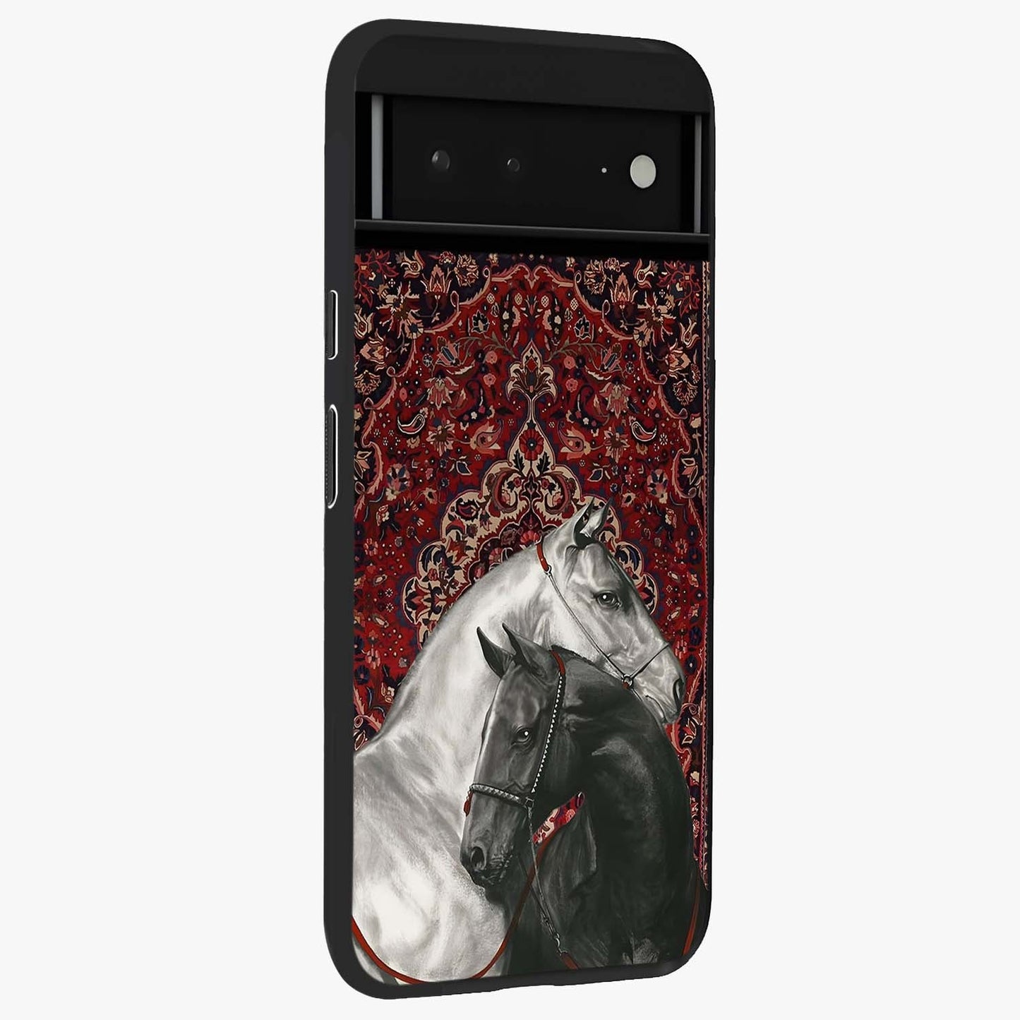 Regal Stallion Tapestry Glass Case upright view showcasing powerful horse artwork with elegant tapestry theme.