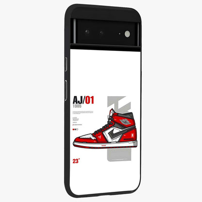 Retro Sneaker Blueprint Glass Case upright view showcasing stylish sneaker illustration with vintage streetwear theme.