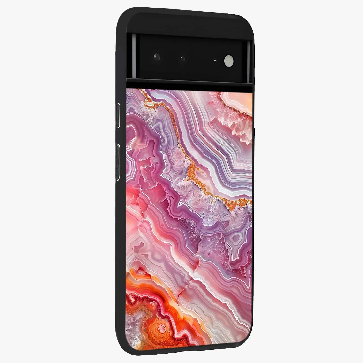 Rose Quartz Marble Glass Case upright view showcasing decorative marble artwork with luxurious pastel theme.