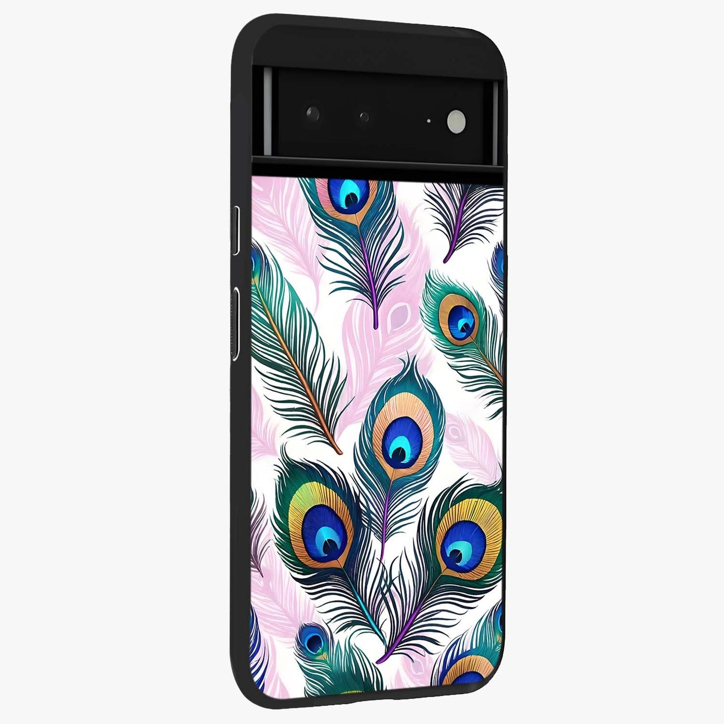 Royal Peacock Feathers Glass Case upright view showcasing elegant peacock feather artwork with decorative royal theme.