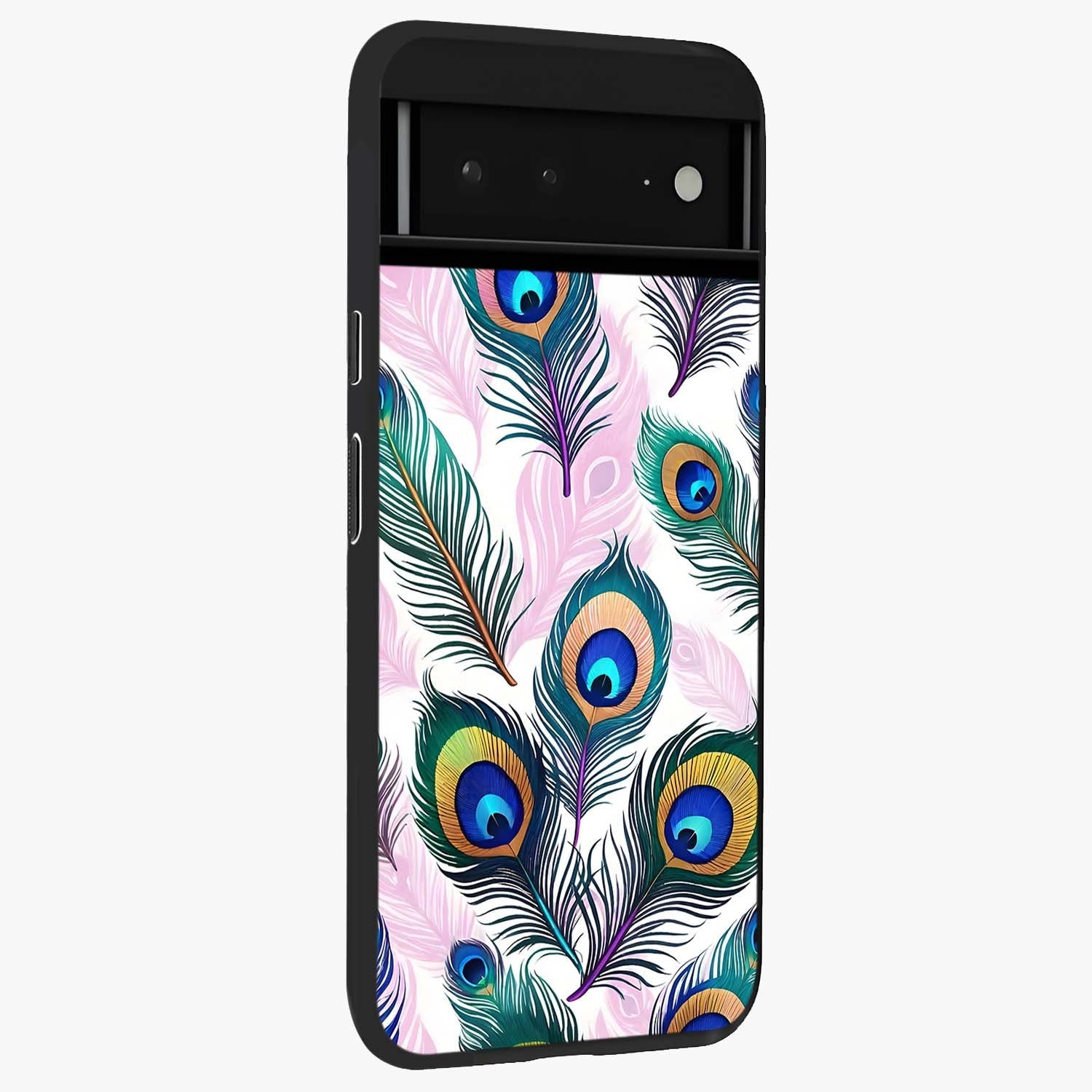 Royal Peacock Feathers Glass Case upright view showcasing elegant peacock feather artwork with decorative royal theme.