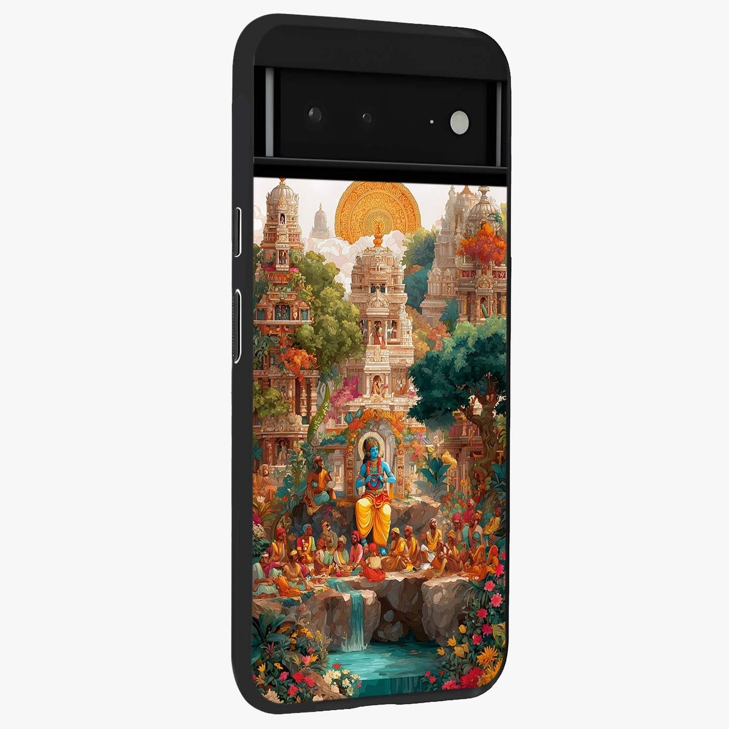 Sacred Sunlight Gods Glass Case upright view showcasing glowing divine artwork with sacred mythological theme.
