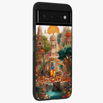 Sacred Sunlight Gods Glass Case upright view showcasing glowing divine artwork with sacred mythological theme.