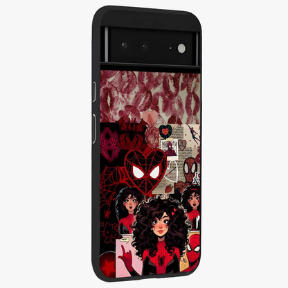 Spider Love Story Glass Case upright view showcasing charming superhero artwork with romantic comic theme.