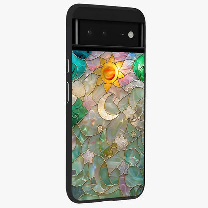 Stained Sunrise Glow Glass Case upright view showcasing colorful sunrise artwork with warm morning theme.