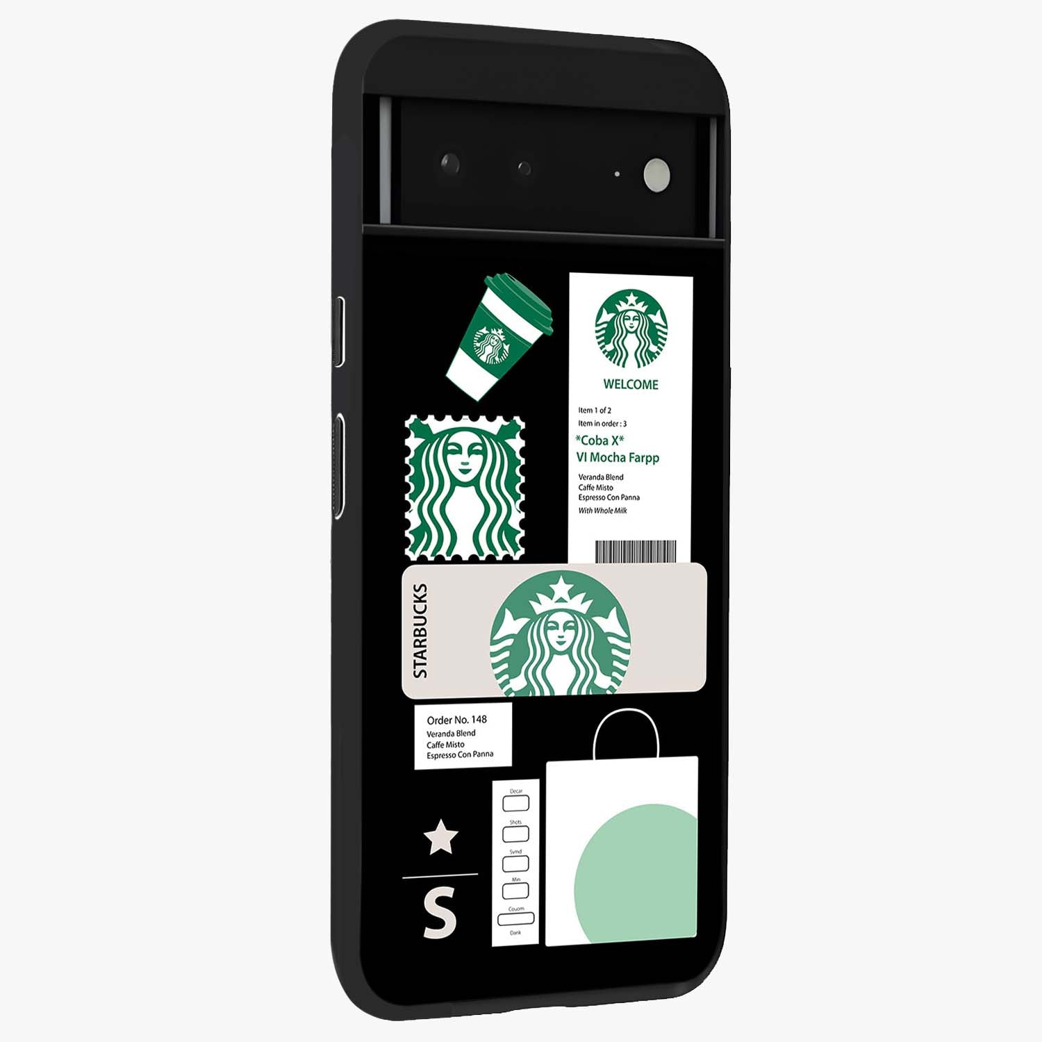 Starbucks Mocha Glass Case upright view showcasing trendy coffee inspired artwork with modern lifestyle theme.