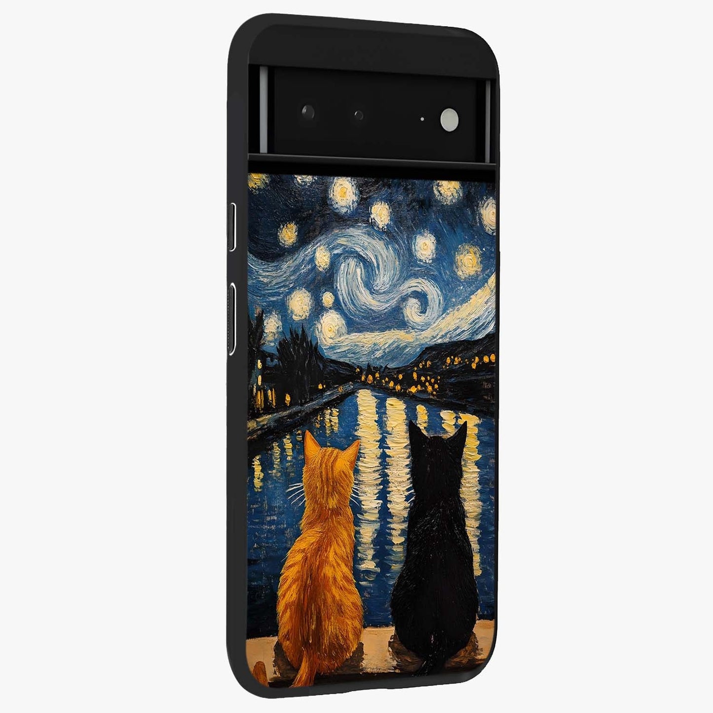 Starry River Cats Glass Case upright view showcasing adorable cat artwork with magical river and stars theme.