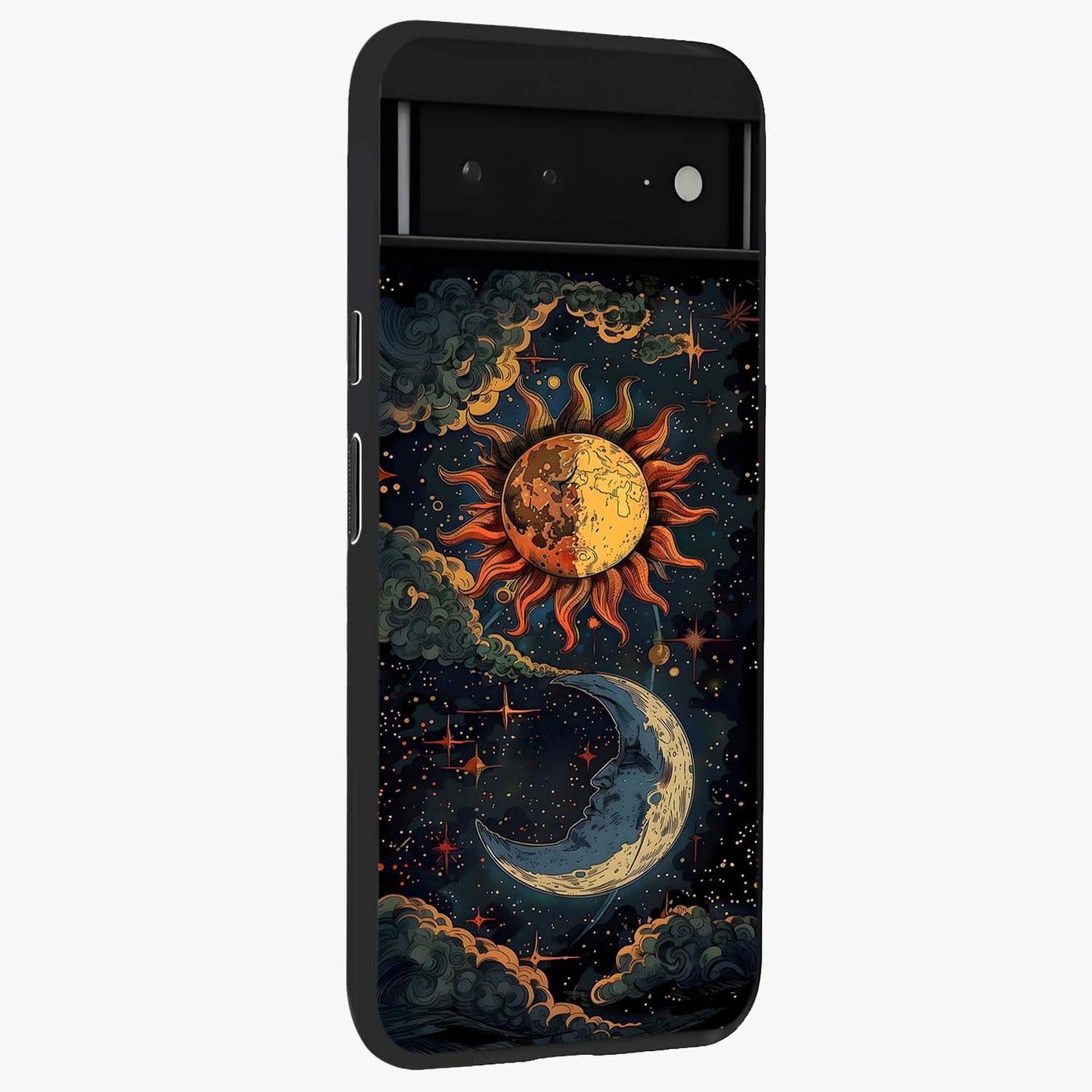 Sun And Moon Magic Design Glass Case upright view showcasing decorative sun and moon artwork with spiritual celestial theme.