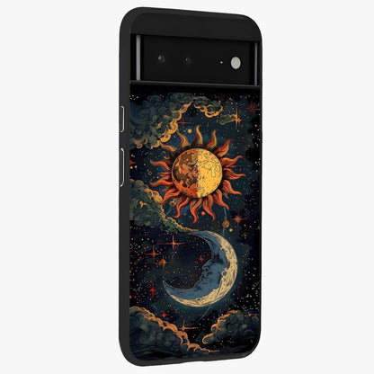 Sun And Moon Magic Design Glass Case upright view showcasing decorative sun and moon artwork with spiritual celestial theme.