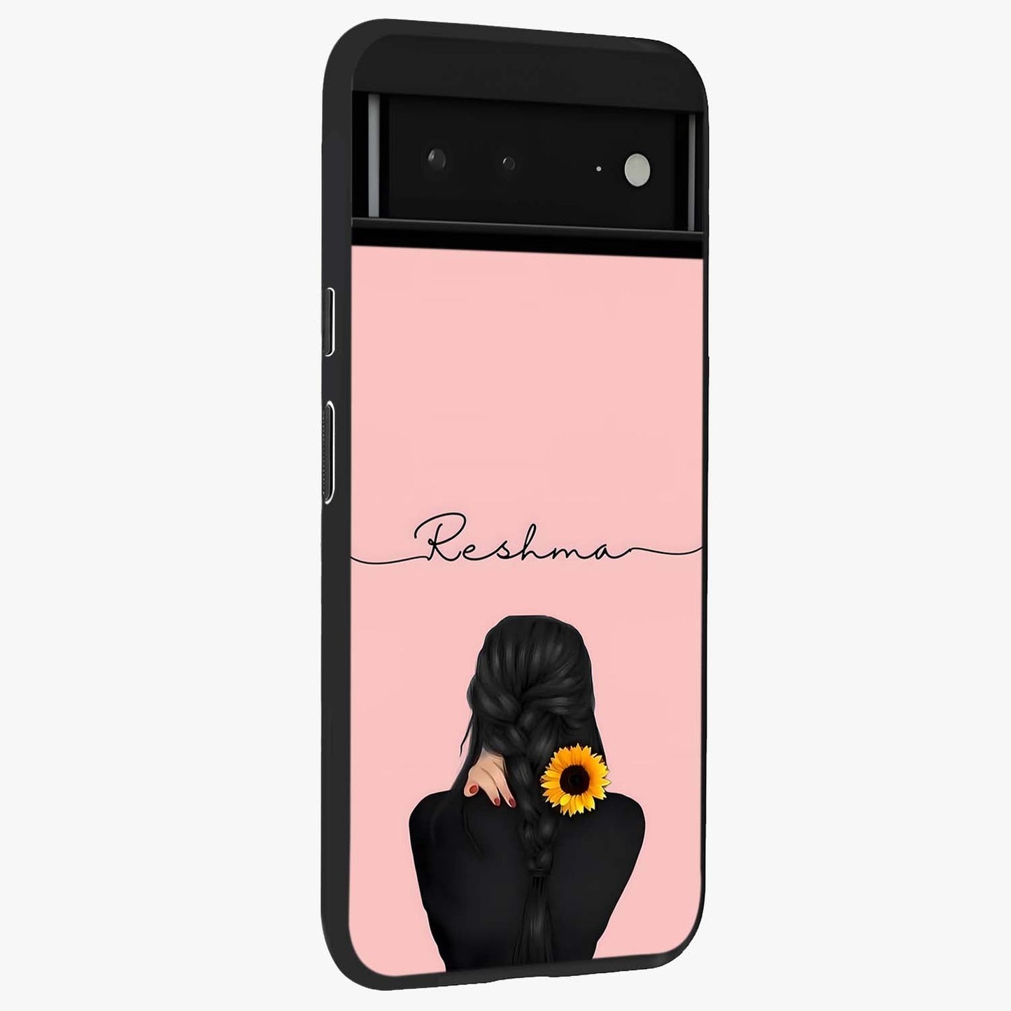 Sunflower Braid Beauty With Custom Name Glass Case upright view showcasing bright sunflower artwork with personalized floral aesthetic.