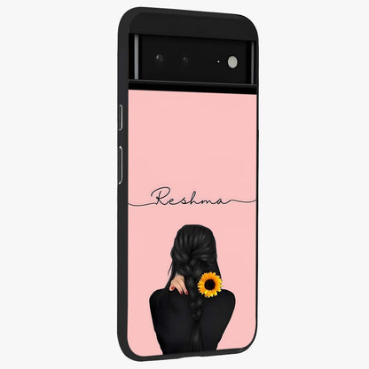 Sunflower Braid Beauty With Custom Name Glass Case upright view showcasing bright sunflower artwork with personalized floral aesthetic.