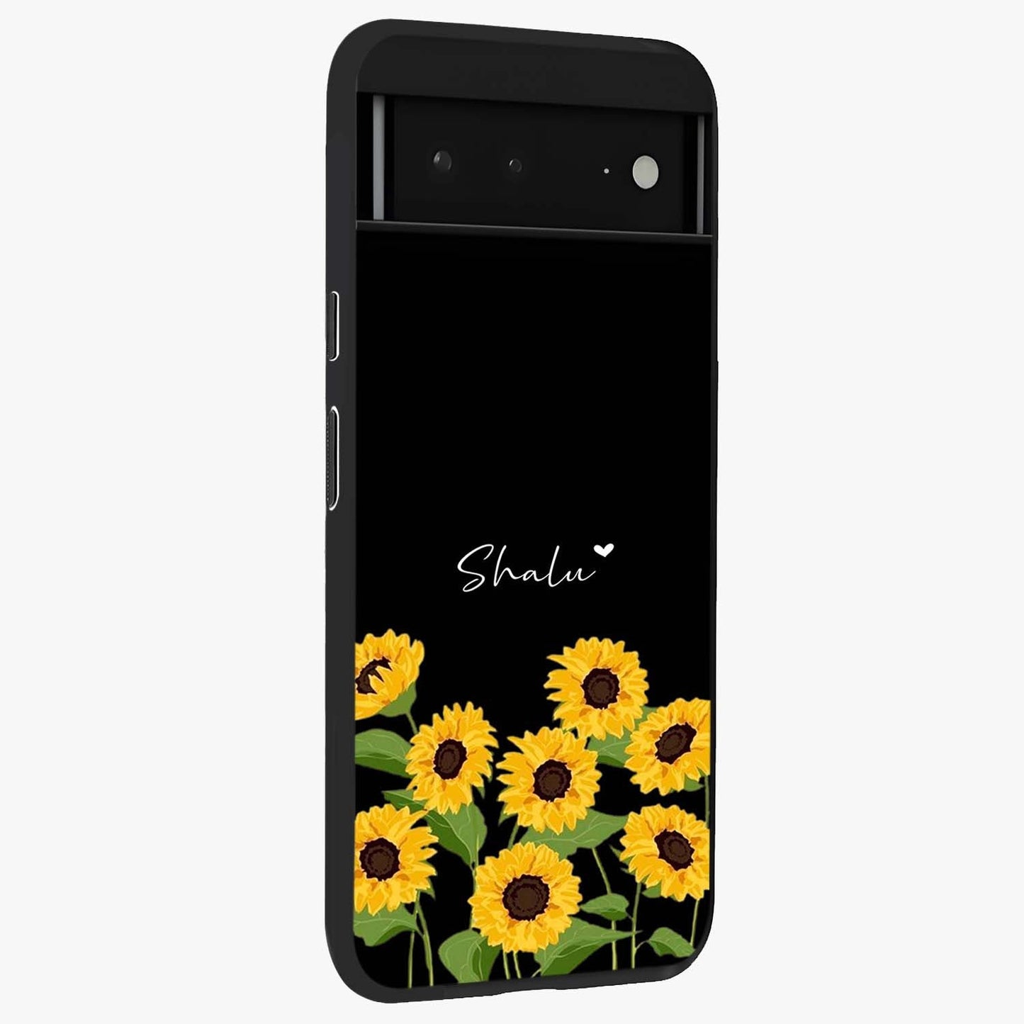 Sunflower Chic Mood Custom Name Glass Case upright view showcasing cheerful sunflower artwork with trendy floral theme.