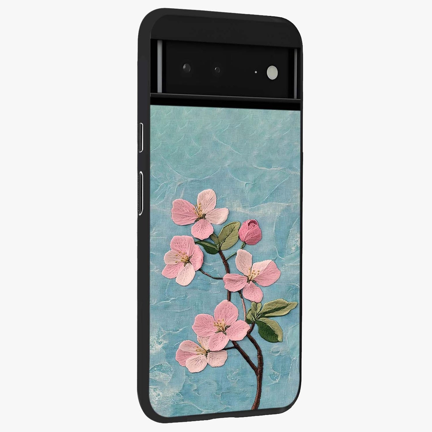 Threaded Blossom Breeze Glass Case upright view showcasing graceful flower artwork with calm botanical theme.
