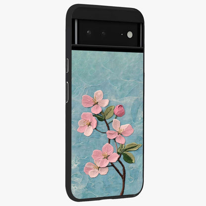 Threaded Blossom Breeze Glass Case upright view showcasing graceful flower artwork with calm botanical theme.