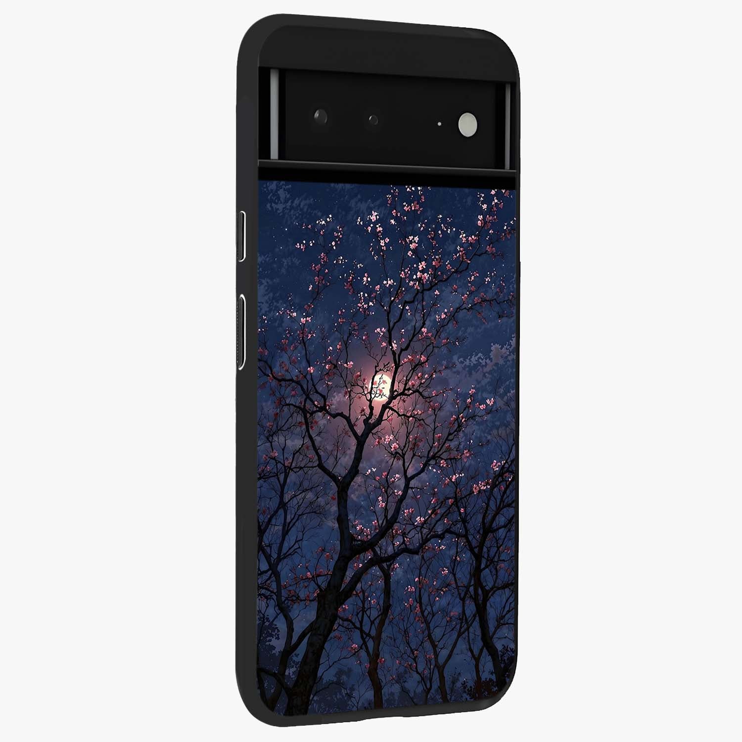 Twilight Sakura Serenade Glass Case upright view showcasing beautiful cherry blossom artwork with serene evening theme.
