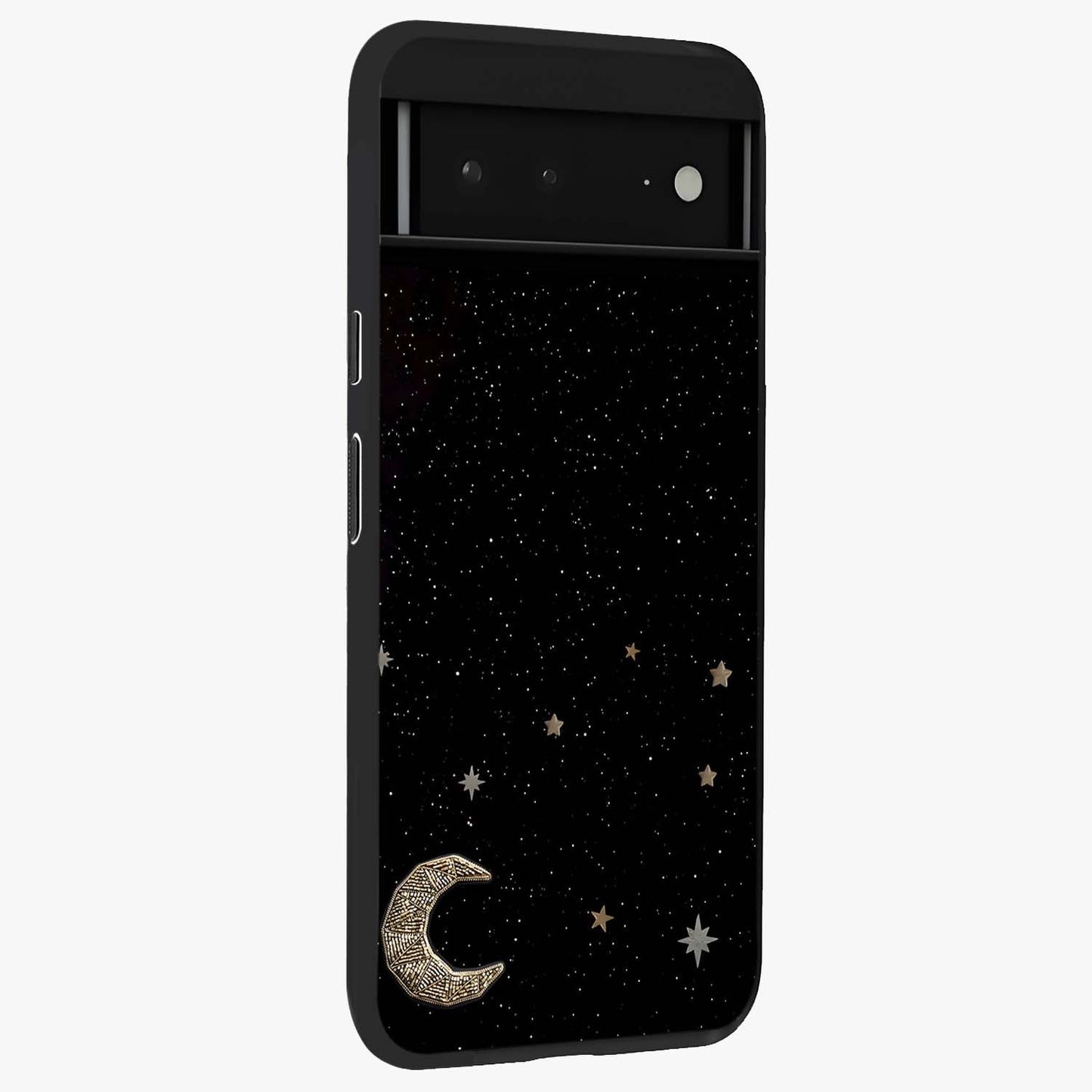 Twinkle Star With Half Moon Glass Case upright view showcasing glowing cosmic artwork with dreamy night theme.
