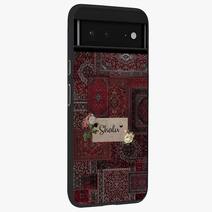 Velvet Wine Pattern Custom Name Glass Case upright view showcasing luxurious wine toned artwork with personalized aesthetic.