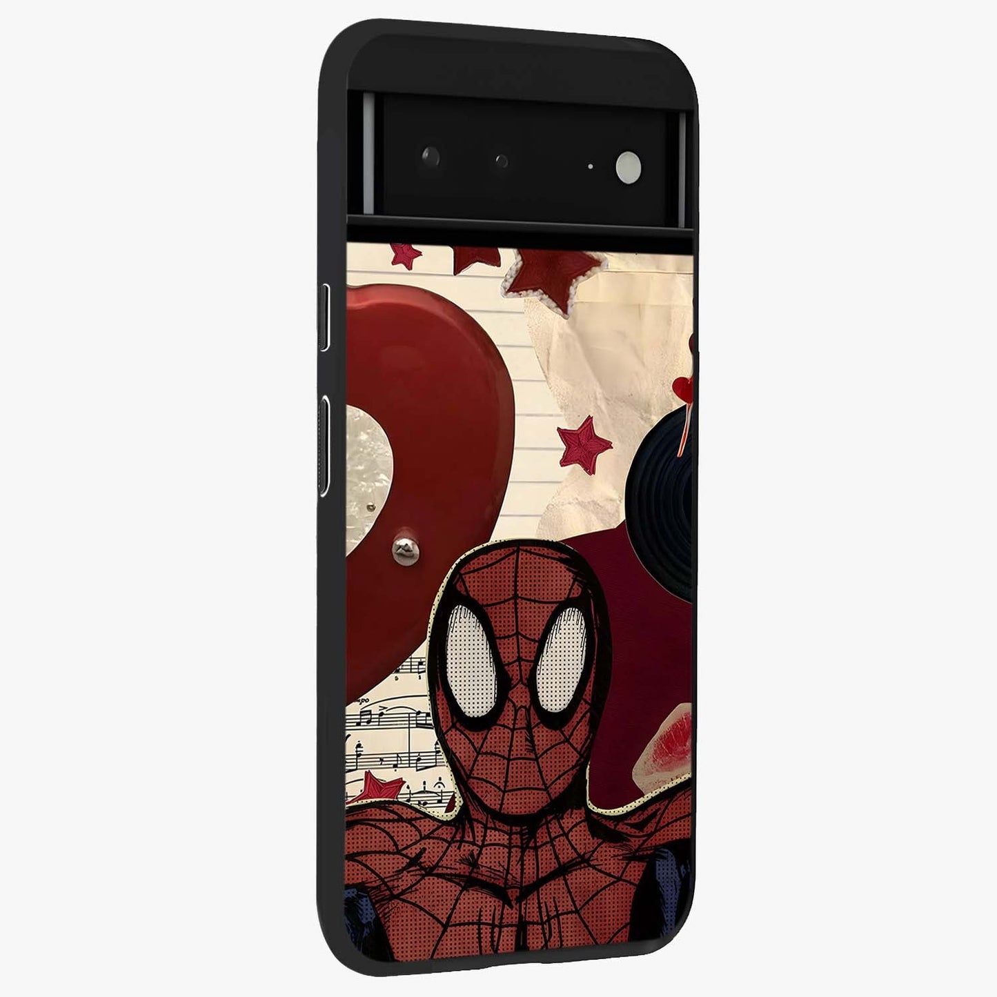 Web Warrior Vibes Glass Case upright view showcasing energetic superhero artwork with bold action theme.