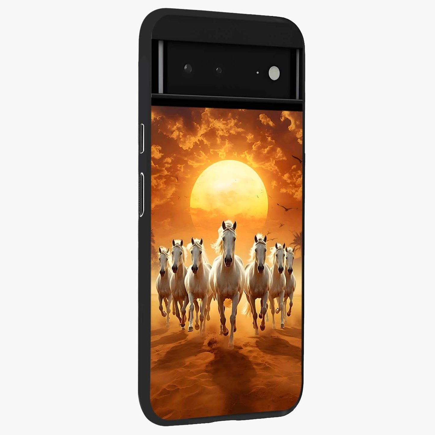 Wild Sunset Majesty Glass Case upright view showcasing dramatic sunset artwork with bold nature theme.