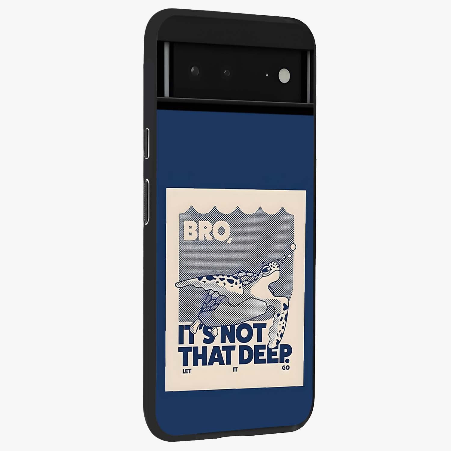 Worry Less Swim Glass Case upright view showcasing cheerful artistic artwork with carefree inspirational theme.