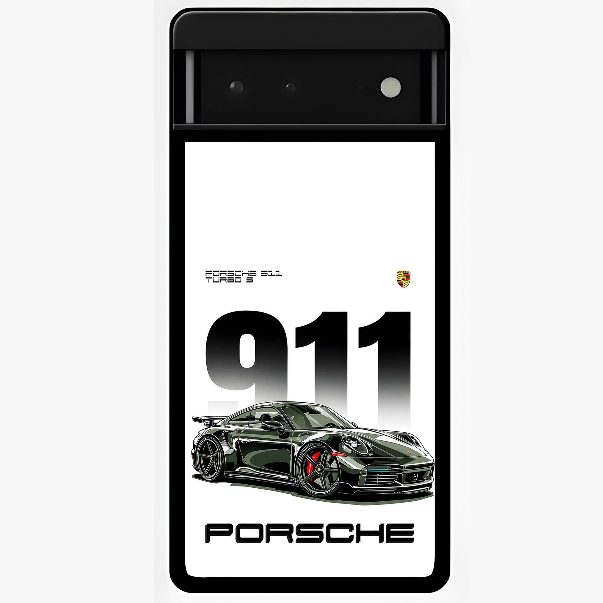 911 Turbo Dominance Glass Case showing clean flat back view with bold 911 sports car artwork and glossy glass finish.