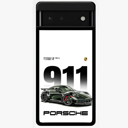 911 Turbo Dominance Glass Case showing clean flat back view with bold 911 sports car artwork and glossy glass finish.