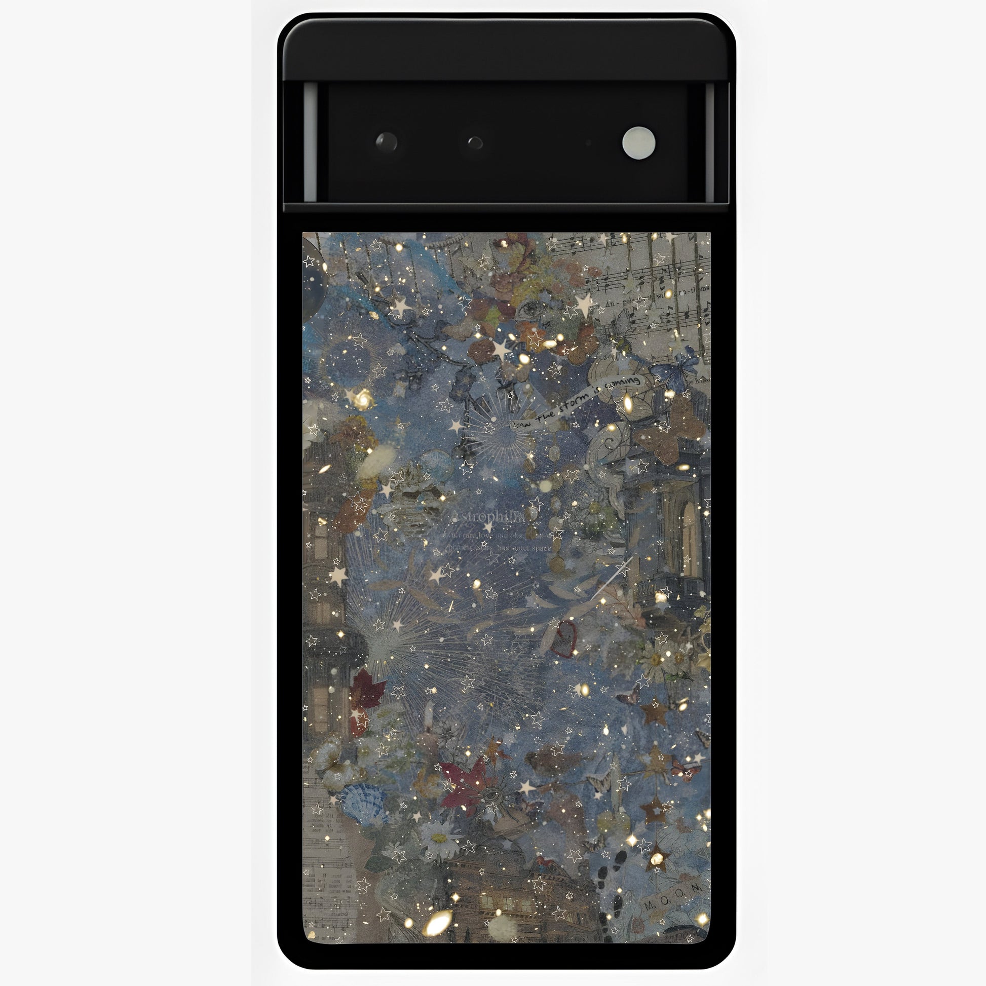 Aesthetic Astrolophia Glass Case showing flat back view with dreamy aesthetic design and glossy glass finish.