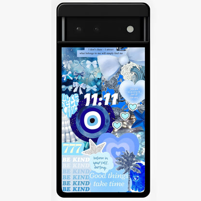 Aesthetic Be Kind Eye Glass Case showing flat back view with motivational eye artwork and glossy glass finish.