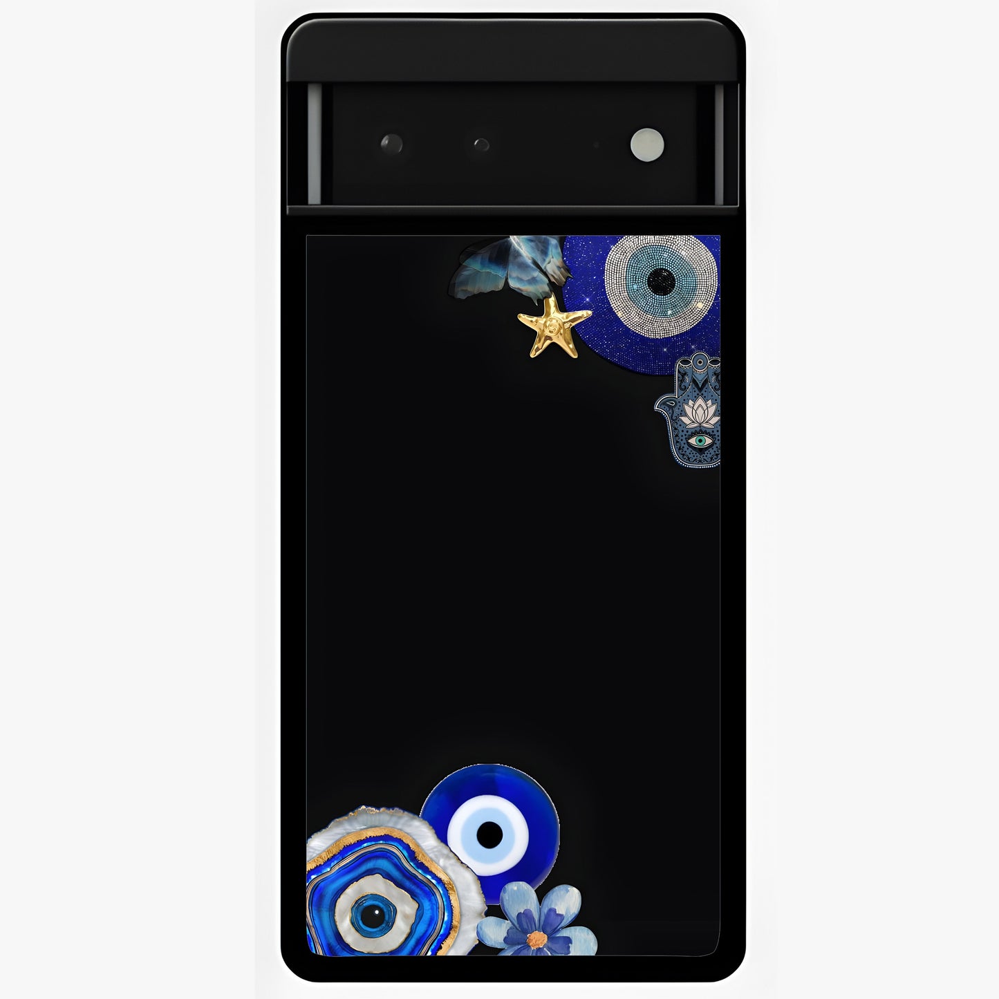 Aesthetic Blue Evil Eye Glass Case showing flat back view with protective evil eye artwork and glossy glass finish.