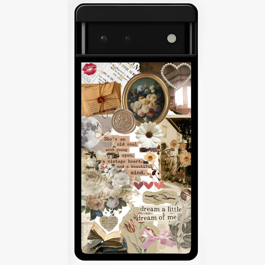 Aesthetic Brown Vintage Collage Glass Case showing flat back view with retro collage artwork and glossy glass finish.