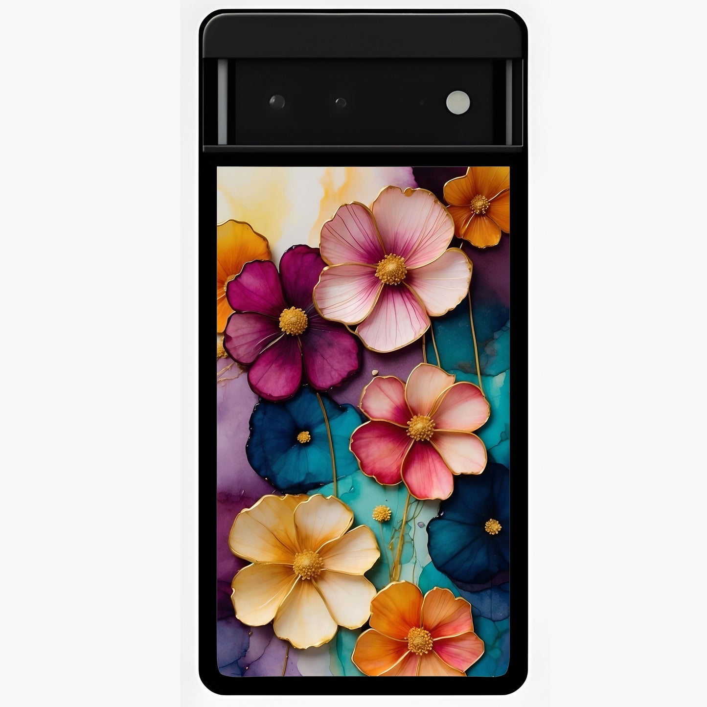Artlyn Grace Flower Pattern Glass Case showing flat back view with elegant floral pattern artwork and glossy glass finish.