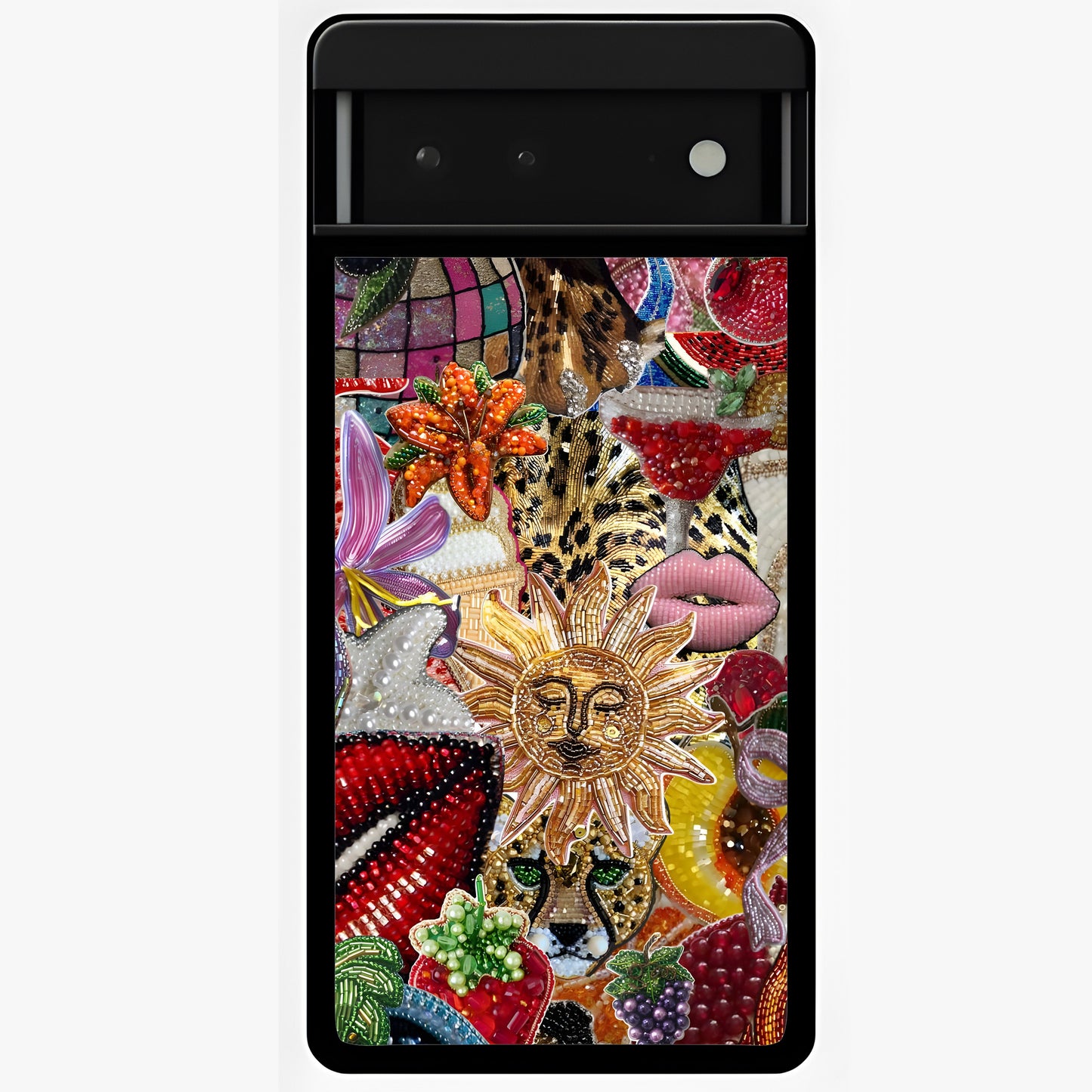 Beaded Fashion Jungle Glass Case showing flat back view with vibrant jungle inspired bead artwork and glossy glass finish.