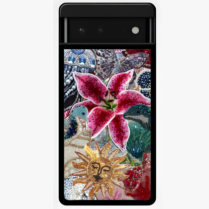 Beaded Garden Fantasy Glass Case showing flat back view with dreamy garden bead artwork and glossy glass finish.