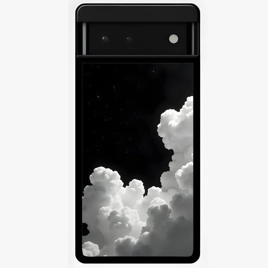 Black Background With White Cloud Glass Case showing flat back view with minimal cloud artwork on dark background and glossy glass finish.