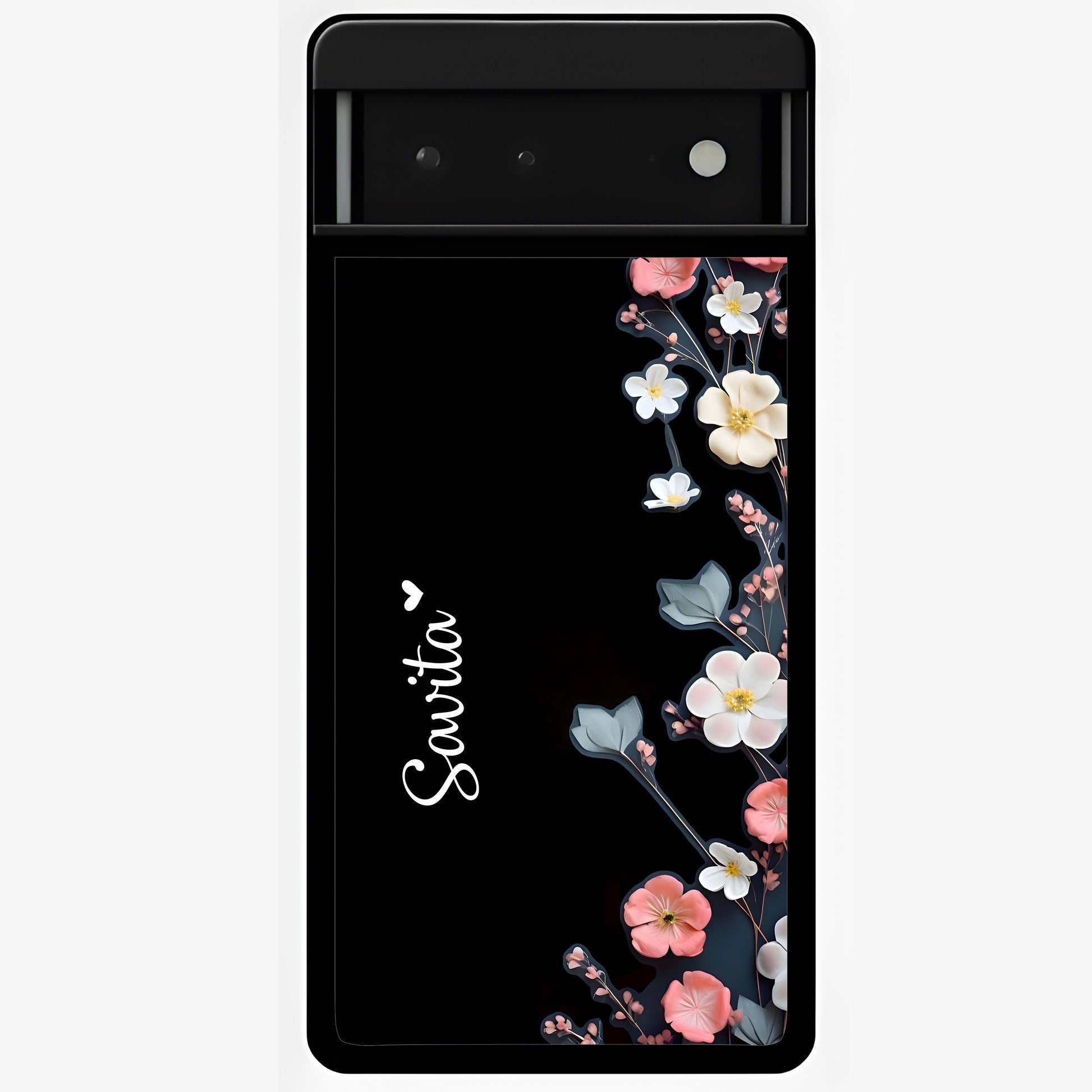 Black Elegance Floral Custom Name Glass Case showing flat back view with elegant floral artwork and personalized name design.
