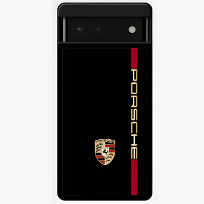 Black Minimal Porsche Glass Case showing flat back view with sleek minimal sports car artwork and glossy glass finish.