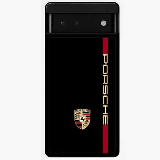 Black Minimal Porsche Glass Case showing flat back view with sleek minimal sports car artwork and glossy glass finish.