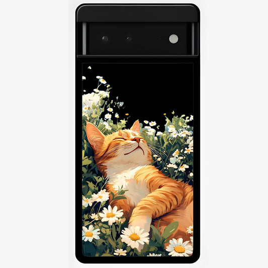 Blissful Bloom Cat Glass Case showing flat back view with cute cat and floral bloom artwork and glossy glass finish.