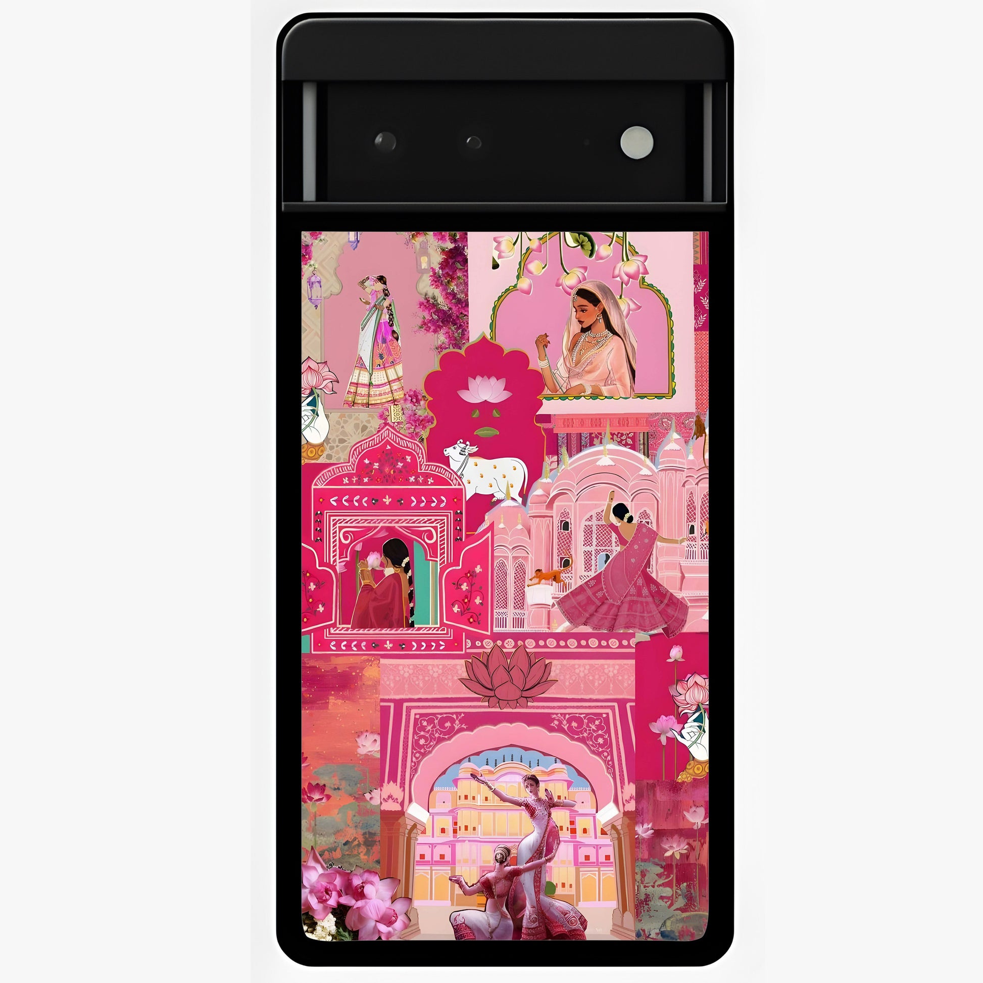Blossoms of Rajasthan Glass Case showing flat back view with traditional floral artwork inspired by Rajasthan and glossy glass finish.
