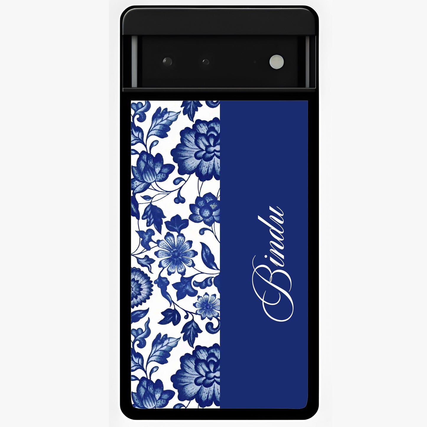 Blue Vintage Floral Pattern Glass Case upright view showcasing timeless floral illustration with vintage inspired style.
