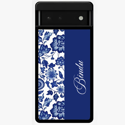 Blue Vintage Floral Pattern Glass Case upright view showcasing timeless floral illustration with vintage inspired style.