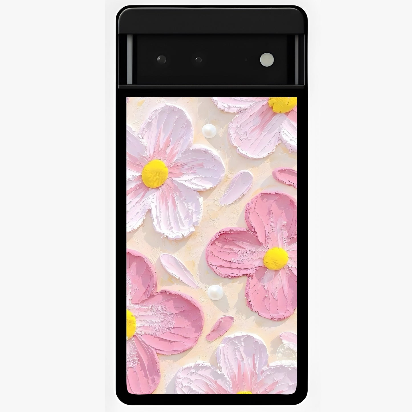 Blush Bloom Texture Glass Case showing flat back view with soft blush floral texture artwork and glossy glass finish.