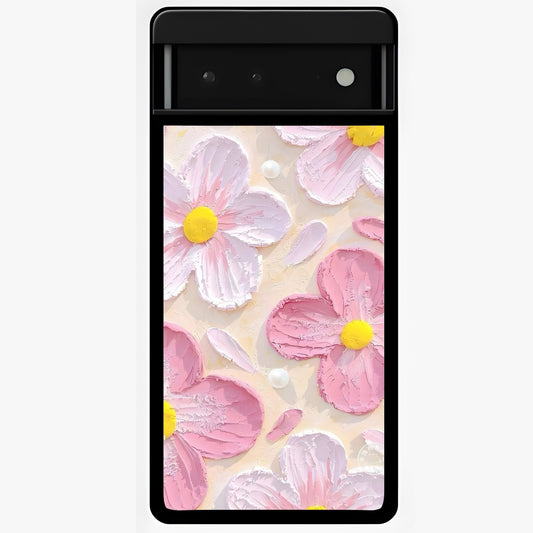 Blush Bloom Texture Glass Case showing flat back view with soft blush floral texture artwork and glossy glass finish.
