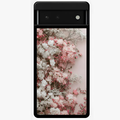 Blush Blossom Cloud Glass Case showing flat back view with dreamy blush cloud blossom artwork and glossy glass finish.