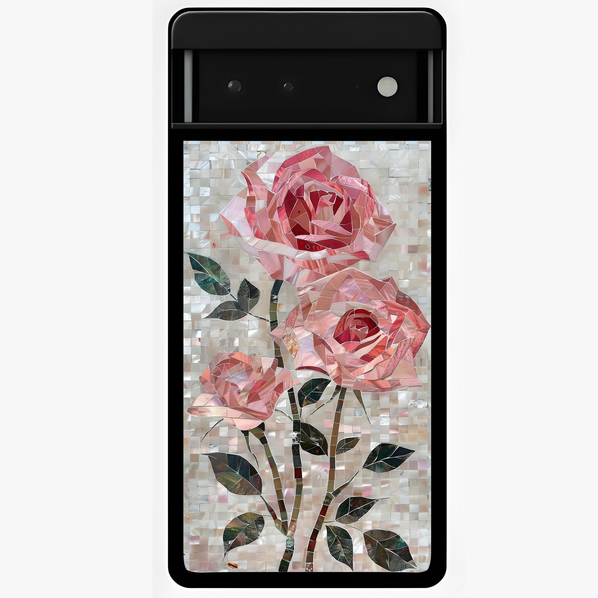Blush Mosaic Bloom Glass Case showing flat back view with mosaic floral bloom artwork and glossy glass finish.