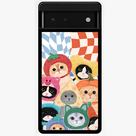 Cats in Fruits Glass Case showing flat back view with playful cat illustrations inside fruit artwork and glossy glass finish.