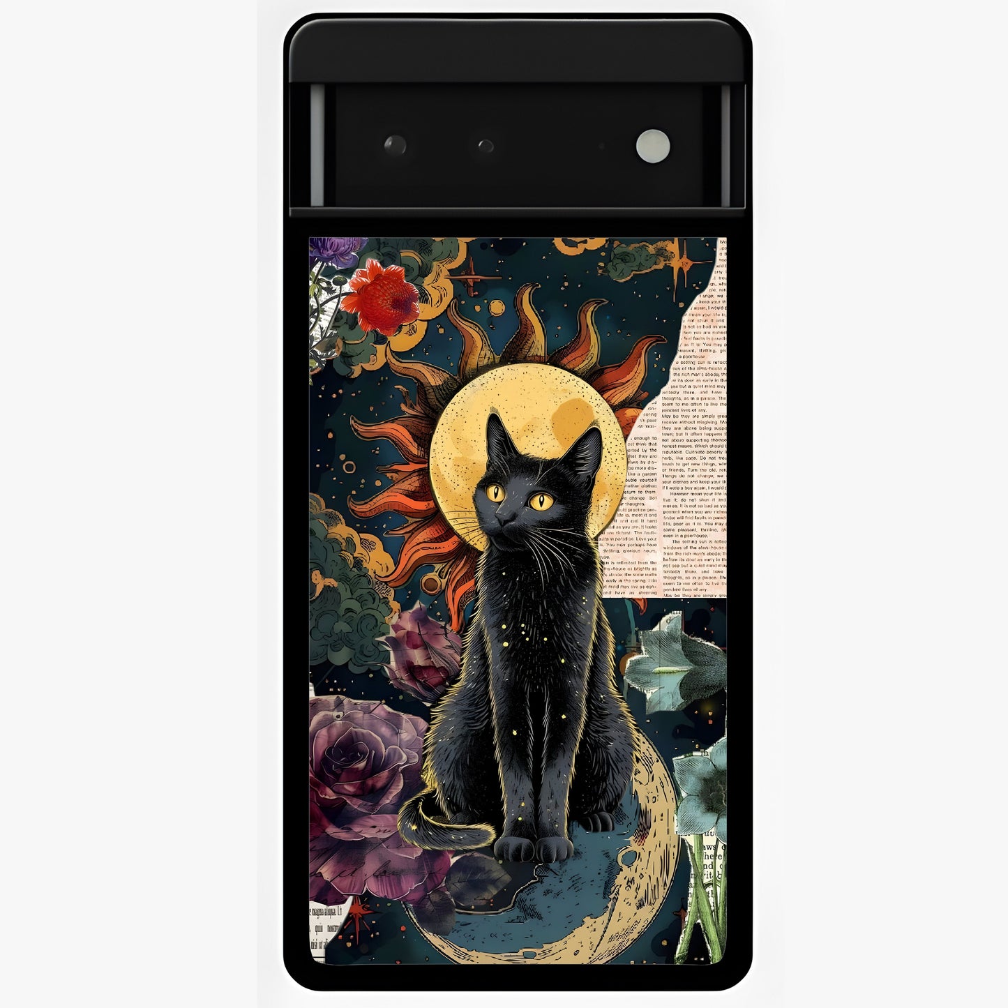 Celestial Black Cat Glass Case showing flat back view with mystical black cat artwork and glossy glass finish.